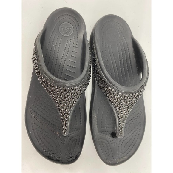 Crocs sloane embellished women's 7 black thong flip flop bling Slide Detail - Picture 2 of 5
